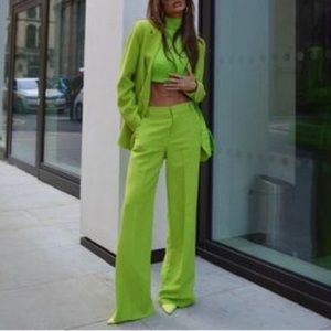 NWT Zara Two Piece Lime Green Pant and Blazer Suit Set